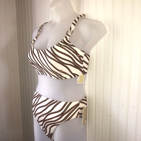 MICHAEL KORS Retail $142 Bone Logo Print Ring High Waist 2 Piece Bikini Size L - Picture 2 of 4